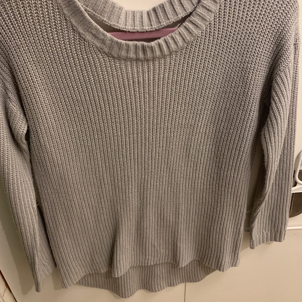 Gray long sleeve sweater with open top back